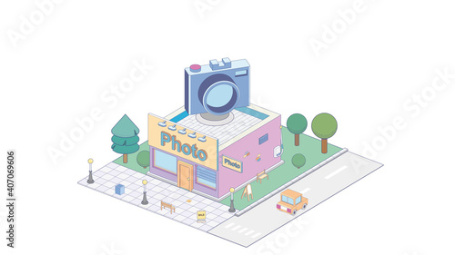 Vector isometric photo processing and printing shop building with photo studio