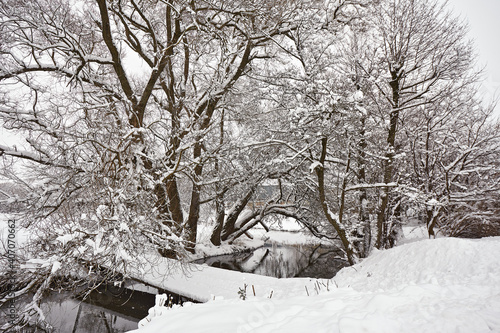 Obraz na płótnie Small river in winter. Rural January scene, bridge over creek. Trees on riverbank covered with snow. w salonie