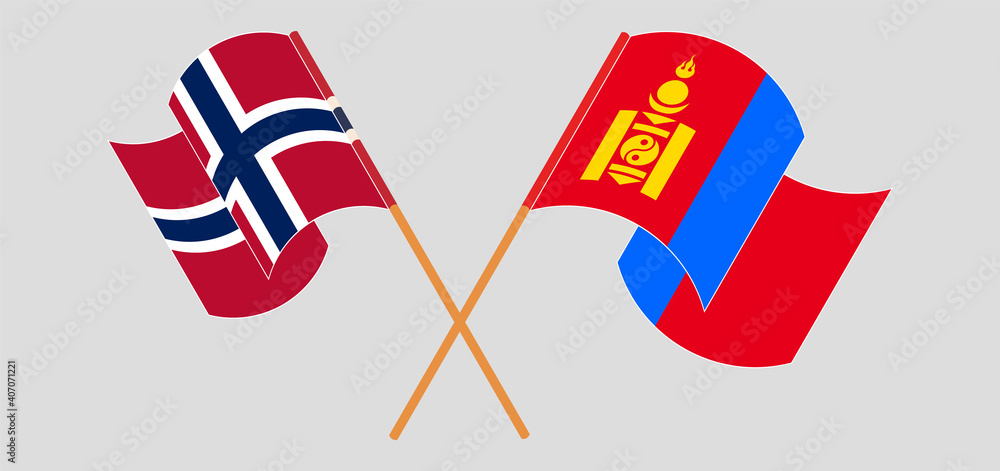 Crossed and waving flags of Norway and Mongolia Crossed and waving flags of Norway and Mongolia