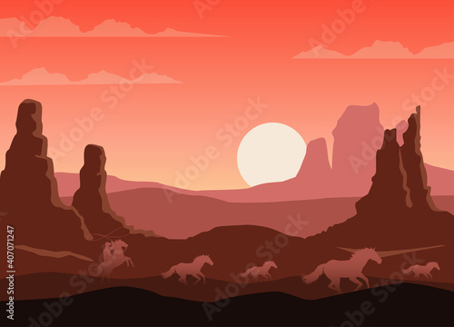 wild west sunset desert scene with cowboy and horses running