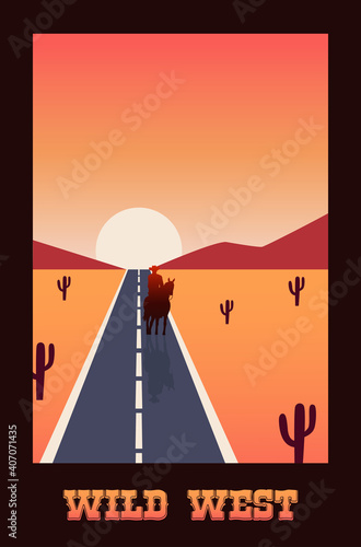 wild west lettering in poster with road in desert scene