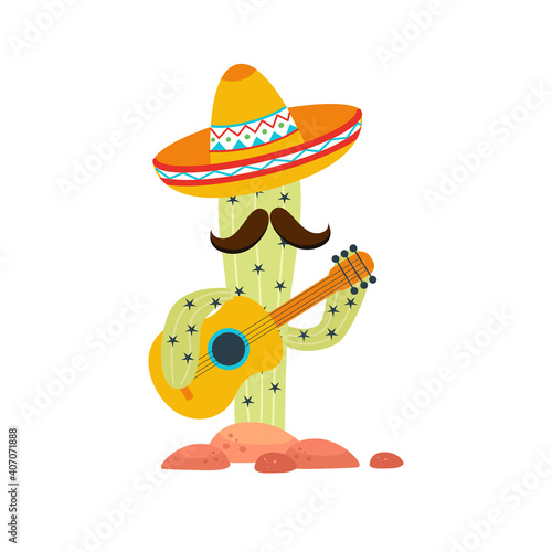 Mexico icons cactus in sombrero with guitar on white
