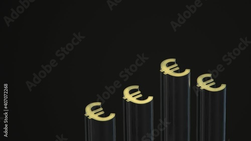 3d euro-shaped towers grow up on dark background. Financial business concept render animation. 