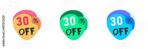 Orange, blue, green discount icon.