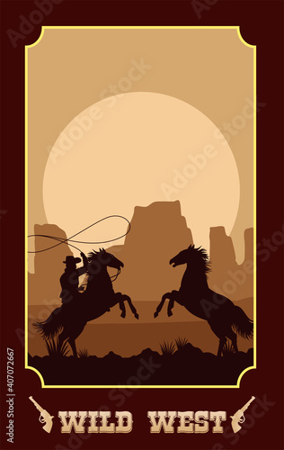 wild west lettering in poster with cowboy in horses lassoing