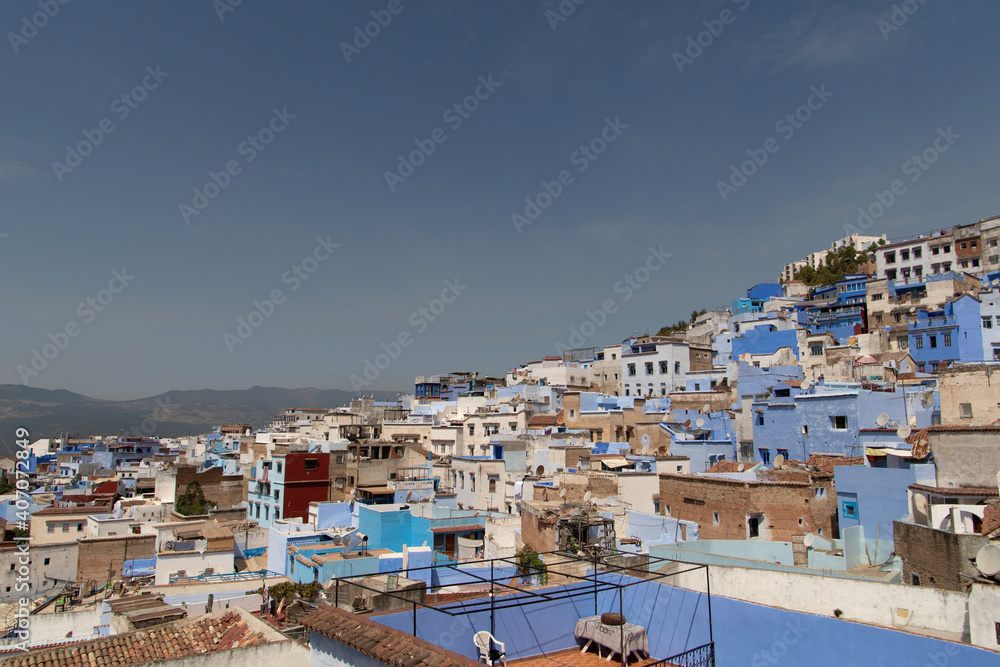 view over the blue city Chefchaouen in Morocco