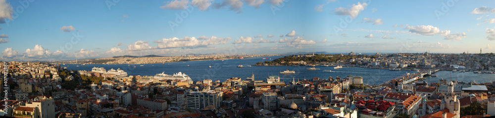 Panoramic view of the Galata Bridge, in Istanbul (Turkey). Golden Horn. Bosphorus Strait
