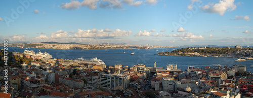 Panoramic view of the Galata Bridge, in Istanbul (Turkey). Golden Horn. Bosphorus Strait 