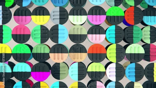 Abstract circle forms pattern 3d render animation. Rotating colorful cylindrical geometry on light background. Seamless animation.