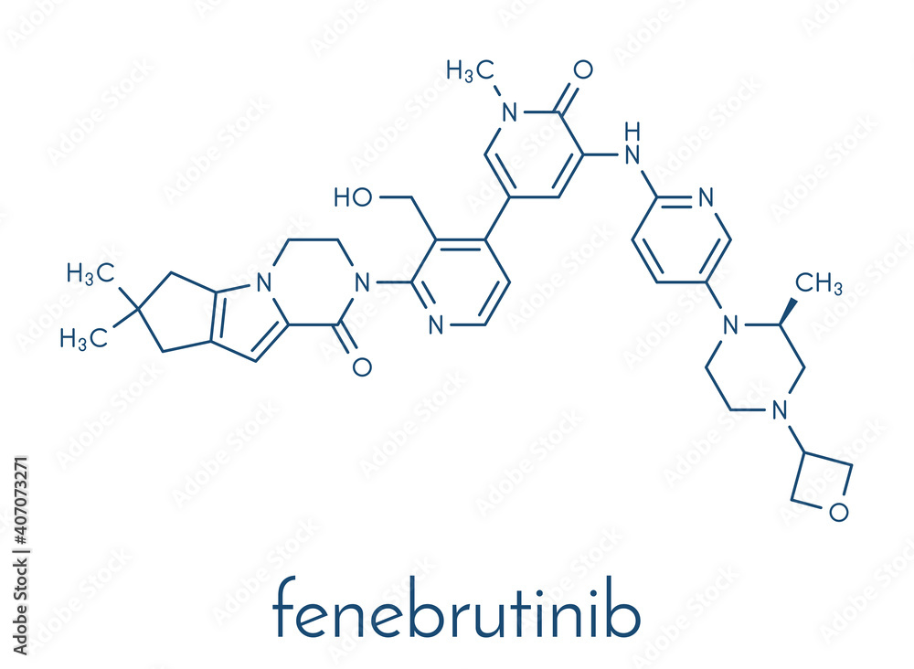 Fenebrutinib drug molecule. Skeletal formula. Fenebrutinib drug molecule. Skeletal formula.