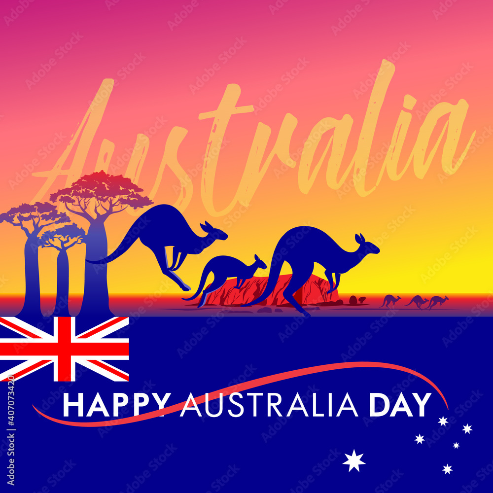 Fototapeta Vector illustration Happy Australia Day bright symbols of the history of the continent Flag, mountain, kangaroo