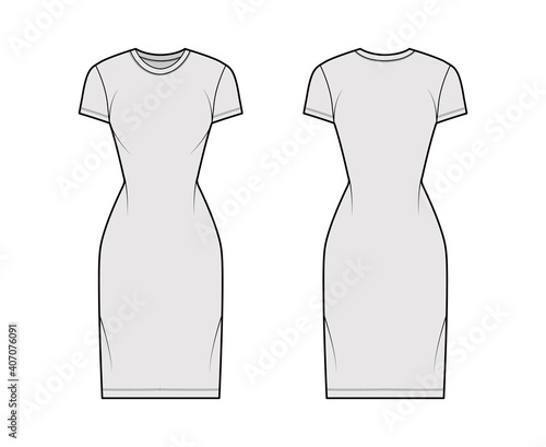 T-shirt dress technical fashion illustration with crew neck, short sleeves, knee length, slim fit, Pencil fullness. Flat apparel template front, back, grey color. Women, men, unisex CAD mockup