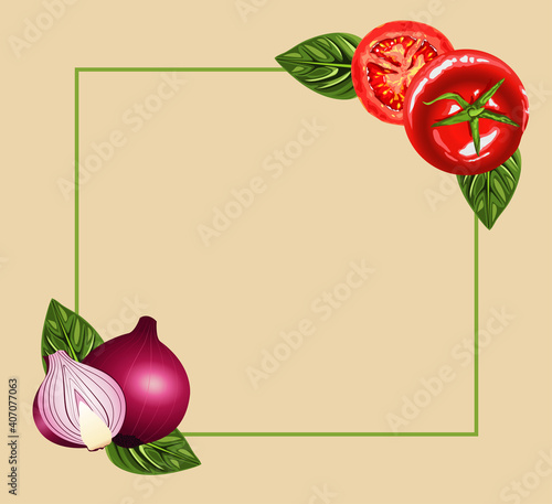 vegetarian healthy food frame with tomatoes and onions