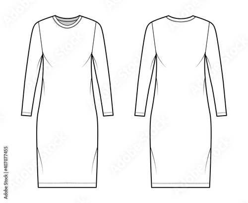T-shirt dress technical fashion illustration with crew neck, long sleeves, knee length, oversized, Pencil fullness. Flat apparel template front, back, white color. Women, men, unisex CAD mockup