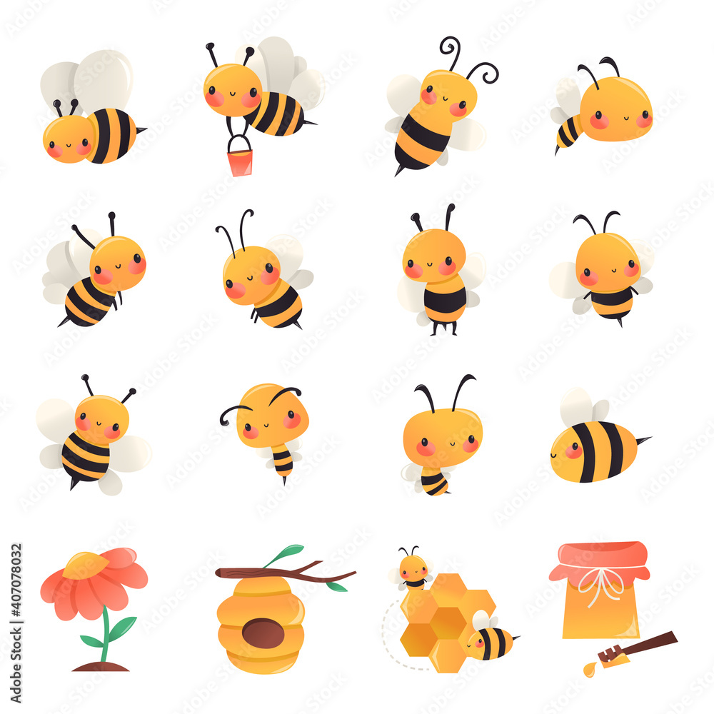 Fototapeta premium Super Cute Cartoon Honey Bees Set