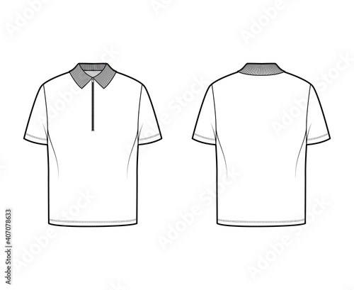 Shirt zip polo technical fashion illustration with short sleeves, tunic length, henley neck, oversized, flat knit collar. Apparel top outwear template front, back, white color. Women men CAD mockup