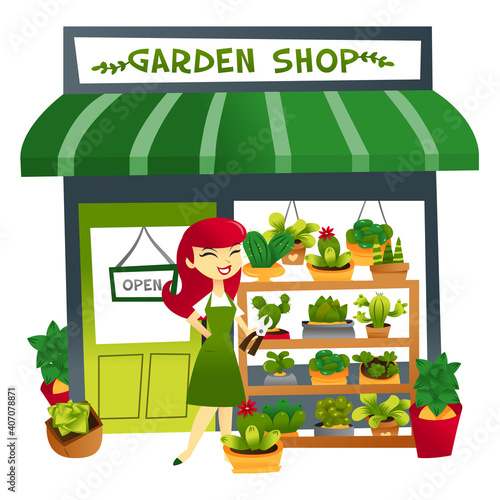 Cartoon Garden Shop With Storekeeper