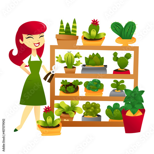 Cartoon Woman Gardening Shelf