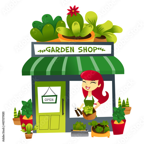 Cartoon Garden Shop With Storekeeper At the Window