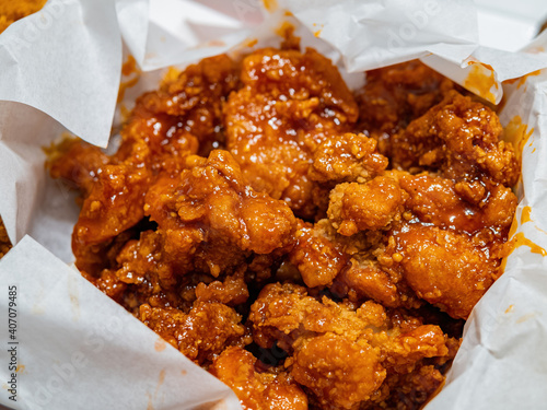 Photography Close up shot of Korean style deep fried popcorn chicken
