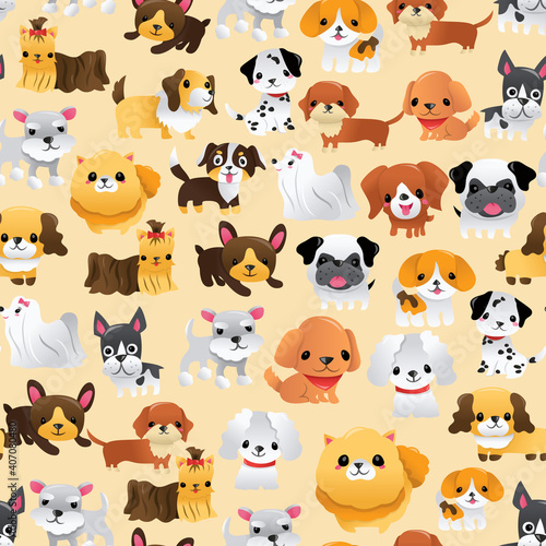 Fototapeta Naklejka Na Ścianę i Meble -  Super Cute Cartoon Puppies Seamless Pattern Background