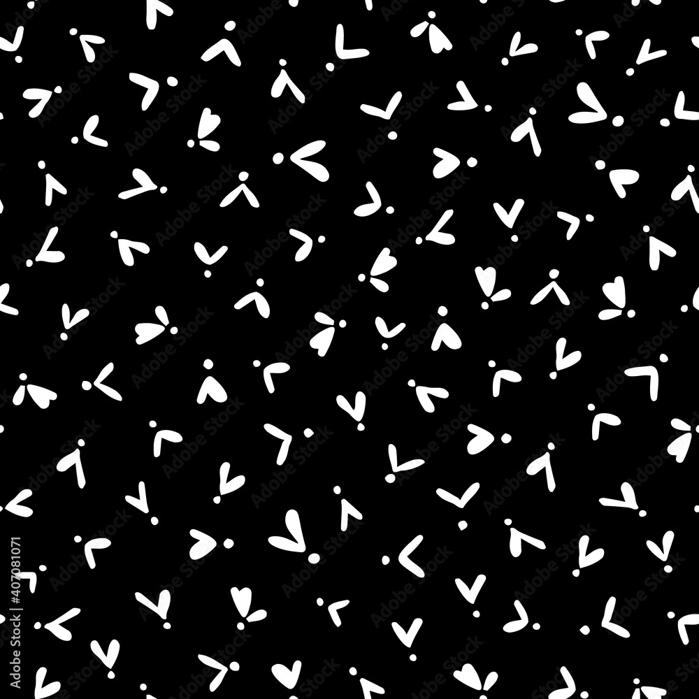 Hearts with dots flower like seamless repeat minimal pattern. Random placed, vector millefleurs all over surface print on black background.