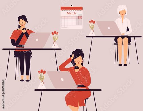 March 8 International Women Day.Cute female collective work on laptops.Vases with tulips on desks.Ladies` group of smart trainers,clerks,accountants or auditors at accounting.Vector illustration