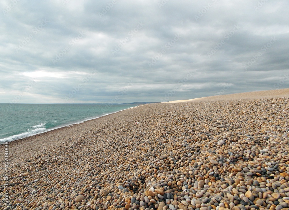 Chesil beach and sea in Dorset, England.