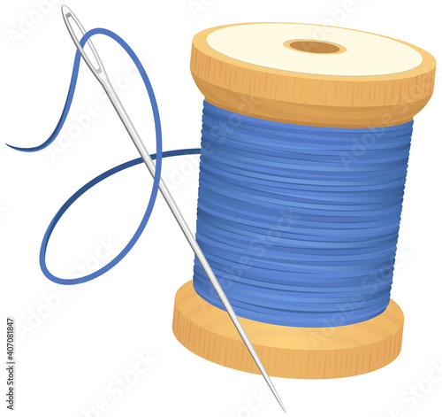 Fotografia, Obraz Vector illustration of a spool of blue thread and a sewing needle