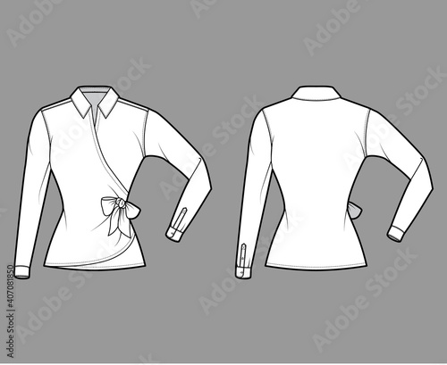 Shirt wrap technical fashion illustration with bow tie closure, elbow folded long sleeves, fitted body. Flat blouse apparel top outwear template front, back, white color. Women men unisex CAD mockup
