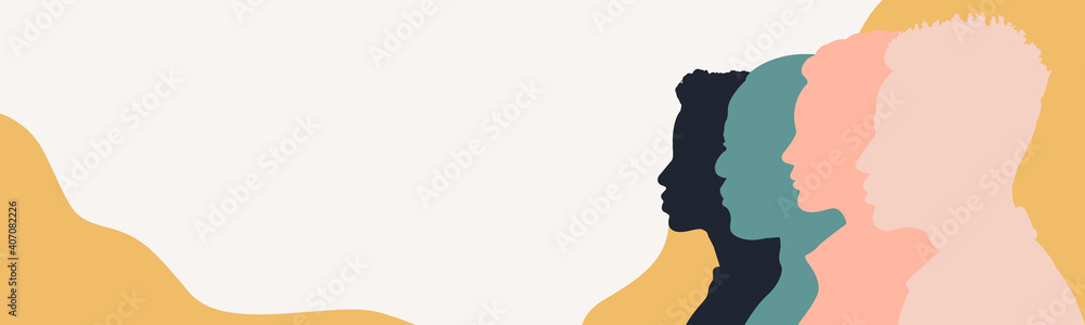 Silhouette group of multiethnic women and man who talk and share ideas and information. Communication and friendship women or girls of diverse cultures. Women social network community. Speak