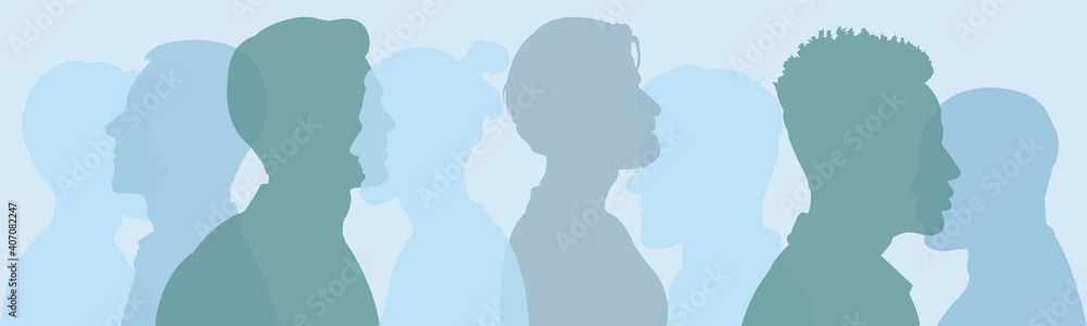Silhouette group of multiethnic women and man who talk and share ideas and information. Communication and friendship women or girls of diverse cultures. Women social network community. Speak