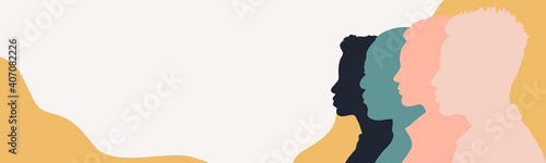 Silhouette group of multiethnic women and man who talk and share ideas and information. Communication and friendship women or girls of diverse cultures. Women social network community. Speak