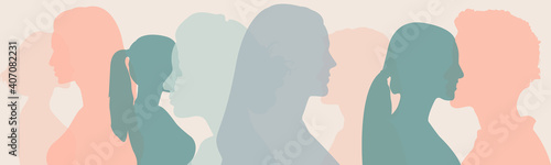 Silhouette group of multiethnic women and man who talk and share ideas and information. Communication and friendship women or girls of diverse cultures. Women social network community. Speak