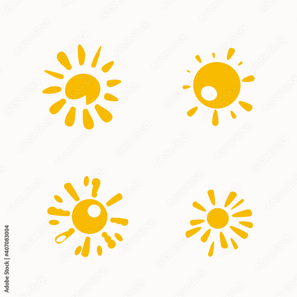 Fototapeta premium Set of painted yellow suns. Vector solar symbols set.