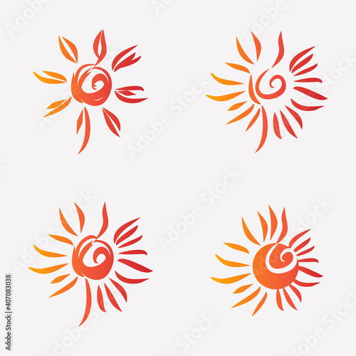 Set of painted suns. Vector solar symbols set.