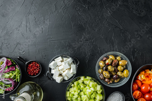 Ingredients for greek salad, on black background, top view flat lay with copy space for text