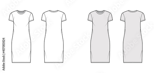 T-shirt dress technical fashion illustration with crew neck, short sleeves, knee length, oversized, Pencil fullness. Flat apparel template front, back, white, grey color. Women, men, unisex CAD mockup