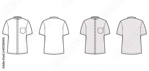 Shirt nehru collar technical fashion illustration with short sleeves, angled pocket, mandarin neck. Flat indian jacket apparel outwear template front back white grey color. Women men unisex CAD mockup