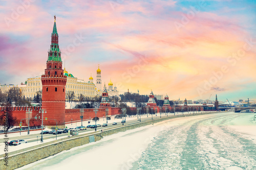 Moscow winter cityscape. View of the Kremlin with the Moscow River in winter during colorful amazing sunset