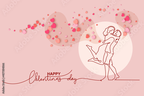 Valentines day card. Continuous one line drawing of couple kissing.