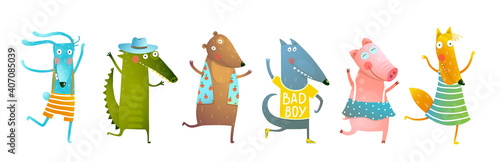 Baby animals dancing cartoon, funny friends wearing clothes having fun. Funny friends Bear fox rabbit pig wolf and crocodile. Vector graphics for kids events, books or greeting card design.
