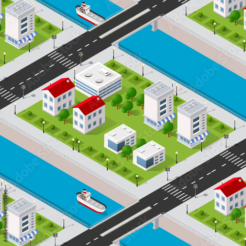 Isometric river embankment 3D illustration of the city quarter with houses