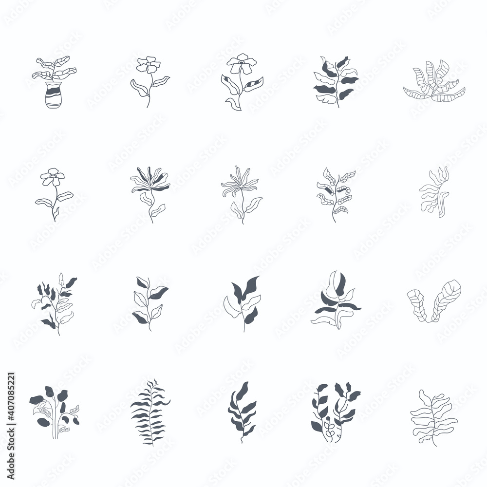 minimalistic flower graphic sketch drawing, trendy tiny tattoo design, floral botanic elements vector illustration
