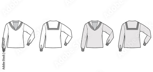 Shirt middy sailor suit technical fashion illustration with long sleeves with cuff, tunic length, oversized. Flat apparel top blouse template front, back, white grey color. Women men unisex CAD mockup
