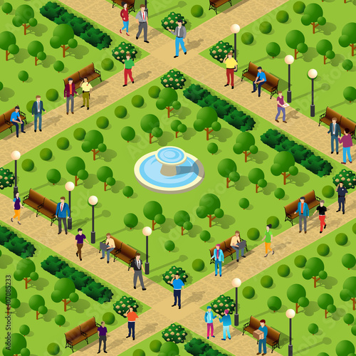 People walk in the park alleys trees city isometric projection