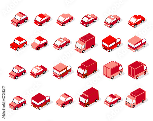 Isometric set of red motor vehicles cars, trucks,