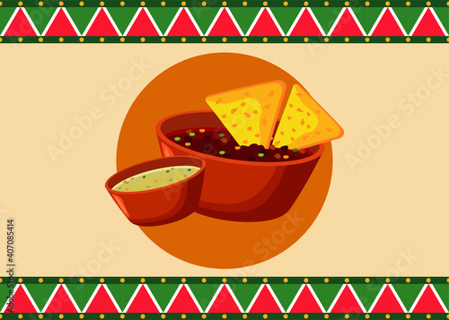 mexican food restaurant poster with nachos and sauces
