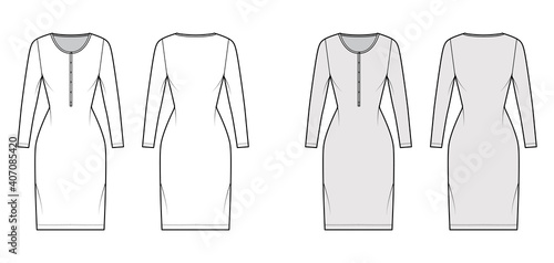 Shirt dress technical fashion illustration with henley neck, long sleeves, knee length, fitted body, Pencil fullness. Flat apparel template front, back, white, grey color. Women, men unisex CAD mockup