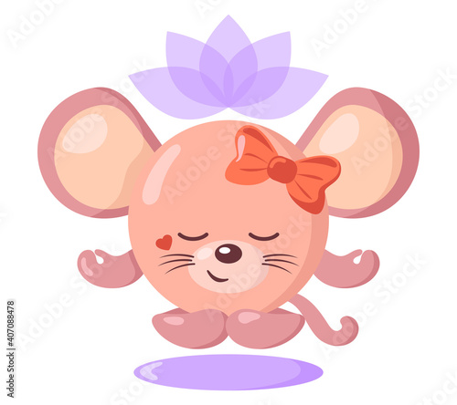 Funny cute kawaii meditating mouse with lotus flower over head and round body in flat design with shadows. Isolated meditation animal vector illustration 